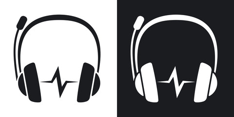 Vector headphones with microphone and sound wave icon. Two-tone version on black and white background