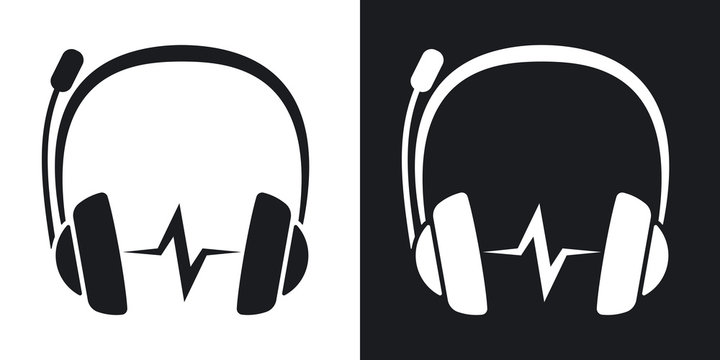 Vector headphones with microphone and sound wave icon. Two-tone version on black and white background