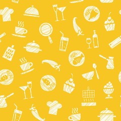 Cooking, seamless pattern, yellow, vector. Dishes and food. Hatching with a white pencil on the yellow field. Imitation. Vector pattern. 