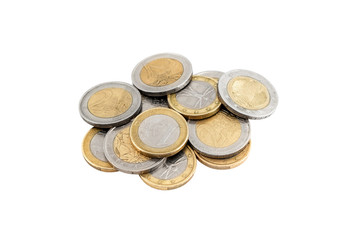 Heap of euro coins isolated on white.