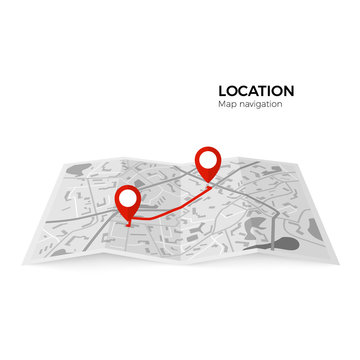 Black and white map with red pointers of the starting point of the route and the final. GPS navigator red color pin checking point to point route. Vector illustration isolated on white background