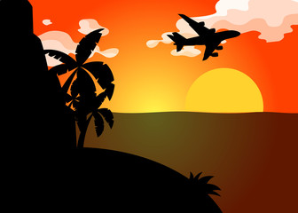 Silhouette scene with airplane flying over ocean at sunset