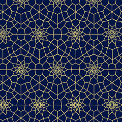 vector moroccan pattern. Blue background with gold geometry flowers. Template for greeting card, wallpaper, package