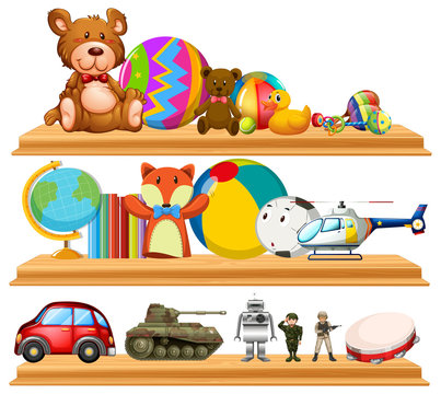 Many cute toys on wooden shelves