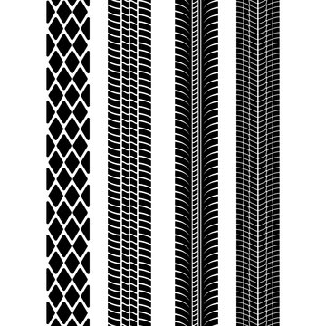 Set of detailed tire prints. Modern tire tread. Tire mark black. Vector illustration