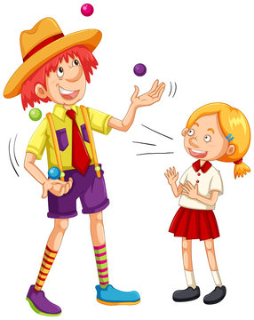 Girl and clown juggling balls
