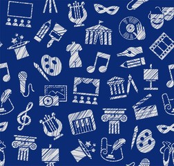Culture and art, seamless pattern, shading pencil, dark blue, vector. Leisure and cultural centres. Cultural events and the attributes of art. White icons on a dark blue field. Vector picture.  