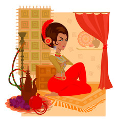 the oriental beauty sits near the carpet and hookah and smiles, an animated cartoon character