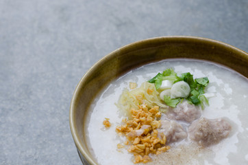 Asian Rice Porridge with Meatballs for Breakfast.