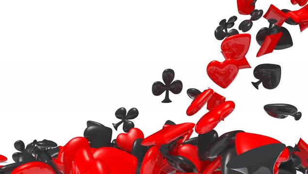 many playing cards symbols fall on white background, 3d animation