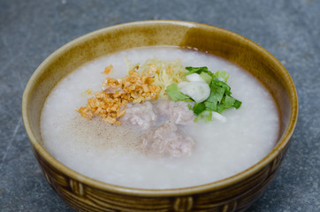 Asian Rice Porridge with Meatballs for Breakfast.