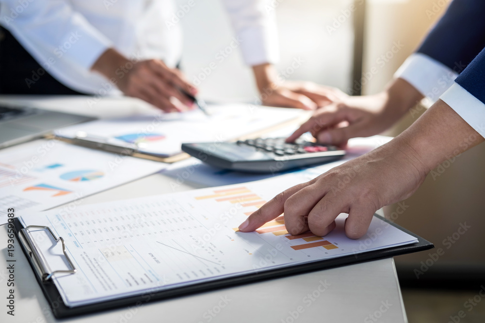 Poster Teamwork of business colleagues consultation market growth on financial document graph report, professional occupation working analyzing startup and investment project to development grow to success