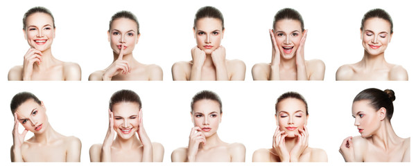 Collage of negative and positive female face expressions. Set of young woman expressing different...
