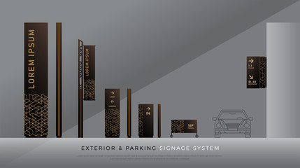 exterior and parking signage. direction, pole, wall mount and traffic signage system design template set. empty space for logo, text, color corporate identity