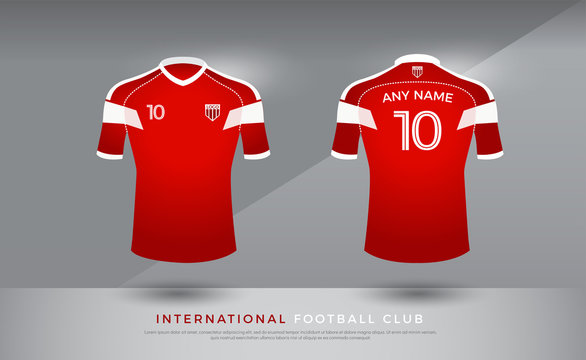 soccer t-shirt design uniform set of soccer kit. football jersey template for football club. red and white color, front and back view shirt mock up. Vector Illustration