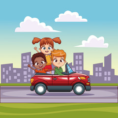 Obraz na płótnie Canvas Kids in convertible cart riding in the city vector illustration graphic design