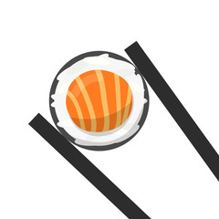 Chopsticks holding Ikura or Red Caviar Sushi Roll Vector cartoon for design, icon background.