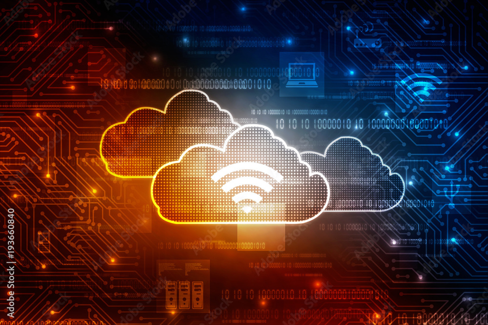 Poster 2d rendering cloud online storage icons with wifi