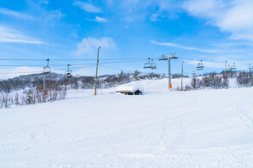 View of winter landscape and cable ski lift chairs in Beitostolen ski resort. Winter in Norway.