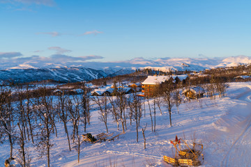 Beautiful winter landscape during sunrise in Beitostolen. Winter in Norway