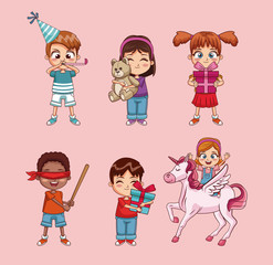 Collection of kids in party cartoon vector illustration graphic design