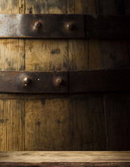 background of barrel and worn old table  wood