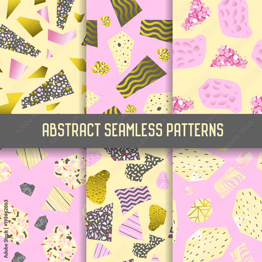 Poster abstract seamless patterns set with golden glitter elements. background with geometric shapes for po