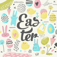 Happy Easter Greeting Card with Eggs, Bunny and Flowers. Spring Childish Design for Holiday Decoration. Vector illustration