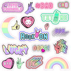 Set of stickers, patches in 80s-90s style - phrases, and other elements - Rock on, Love Yourself, Oops!, etc. 