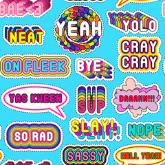 Seamless pattern with a set of sassy colorful phrases, words: "YOLO", "Slay!", "Hell Yeah", "Yas Kween". Slang acronyms and abbreviations.  Blue background.