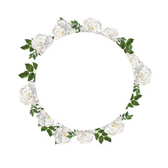 White wild roses frame with green leaves isolated on white background. Design for logo, wedding inviation, greeting card. Hand drawn watercolor illustration.