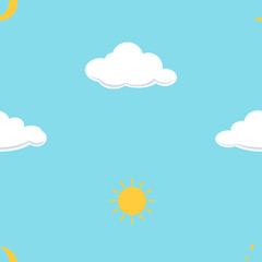Cloud, moon and sun on blue background, seamless vector