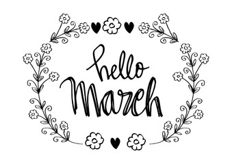Hello march, hand lettering in floral