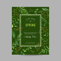 Spring and Summer Floral Frame with Tropical Leaves and Geometric Shapes for Invitation, Greeting Save the Date Card, Wedding, Baby Shower. Vector illustration