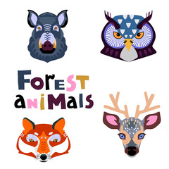 Collection of forest animals. Animal portrait set with flat design.