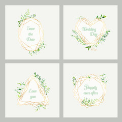 Wedding Invitation Floral Templates Set. Save the Date Frames with Place for your Text and Tropical Leaves. Greeting Cards, Posters, Banners. Vector illustration