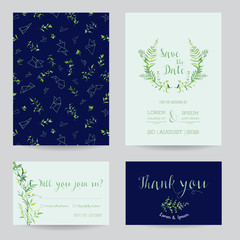 Fototapeta na wymiar Wedding Invitation Floral Templates Set. Save the Date Cards with Place for your Text and Tropical Leaves. Vector illustration