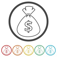 Money bag sign icon. Dollar USD currency symbol, 6 Colors Included 