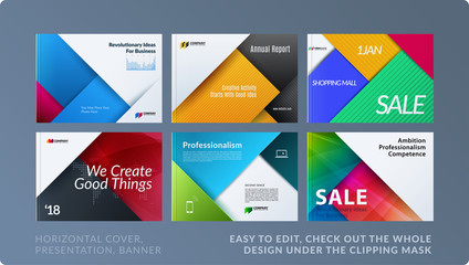 Material design of brochure set, abstract annual report, horizontal cover layout, flyer in A4 with vector colourful layers