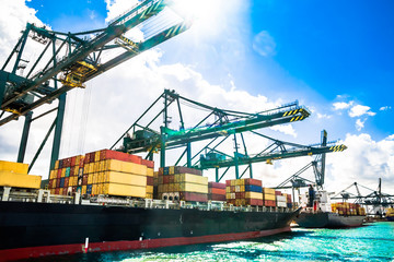 View on container ship in the port of Antwerp - Belgium
