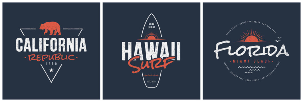 California republic, Hawaii surf and Florida designs