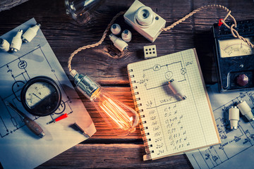 Vintage physics Laboratory with Edison light bulb