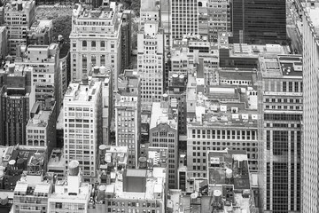 Black and white aerial picture of the Manhattan, New York City, USA.