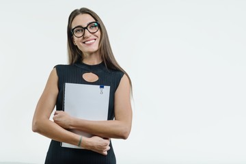 Positive smiling businesswoman showing a clean white document with copy space.