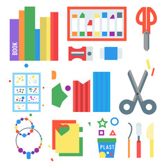 Themed kids creativity creation symbols poster in flat style with artistic objects for children art school fest unusual toys vector illustration.