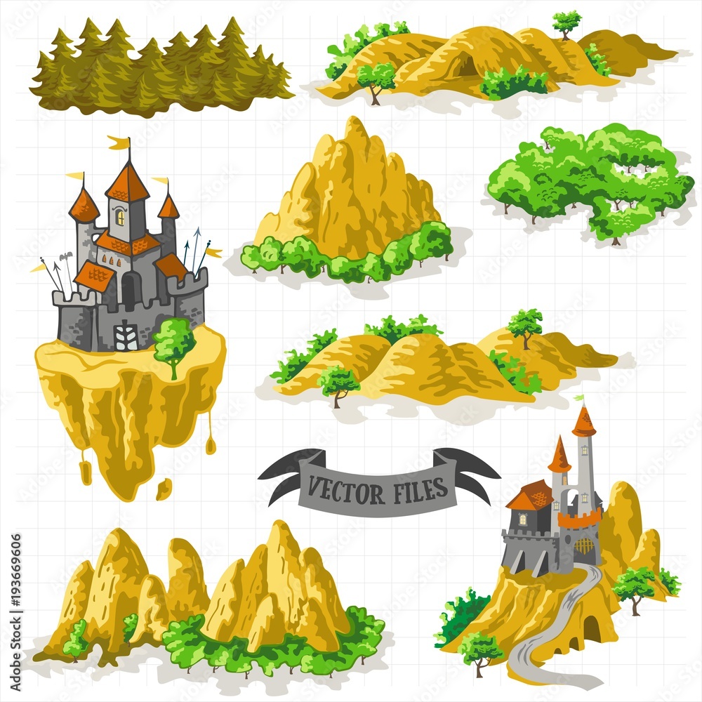 Wall mural fantasy adventure map elements and colorful doodle hand draw in vector illustration isolated on whit