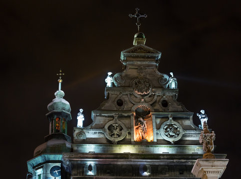 Night winter Bernardine Church and monastery  top, Lviv city, Ukraine