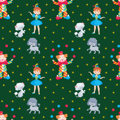 Children's seamless pattern with the image of circus trained animals. Colorful vector background.