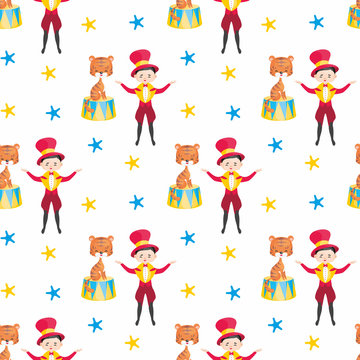 Children's seamless pattern with the image of circus trained animals. Colorful vector background.