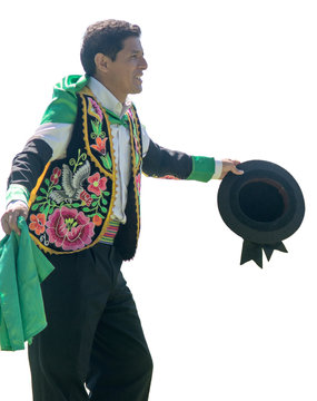 Portrait of a man dancing Huayno, a traditional musical genre typical of the Andean region of Peru, Bolivia, northern Argentina and northern Chile